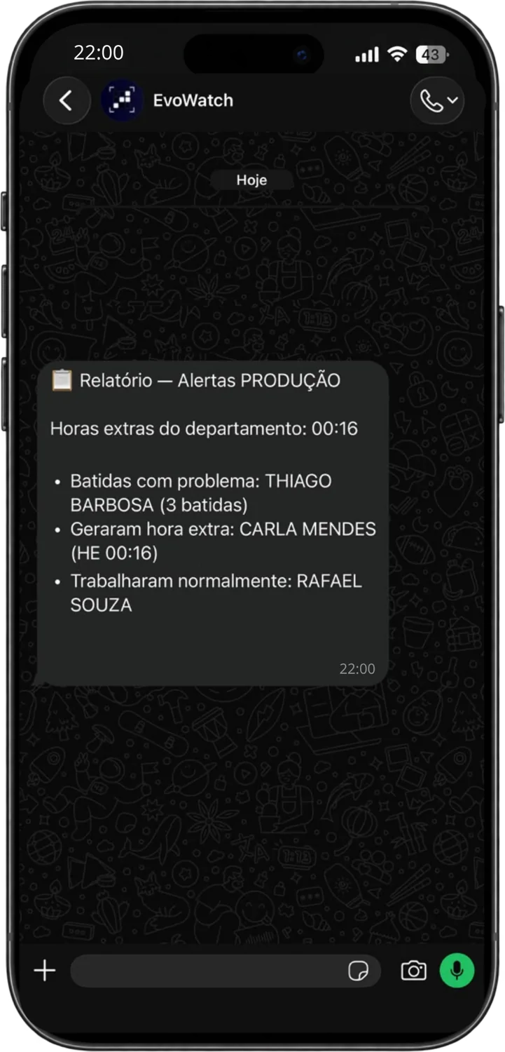 Resumo do departamento no WhatsApp ao fim do expediente.